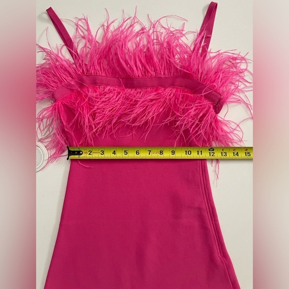 STAUD Etta Dress Feather Trim Stretch Knit Mini Bright Pink Party Festival XS - Picture 6 of 13